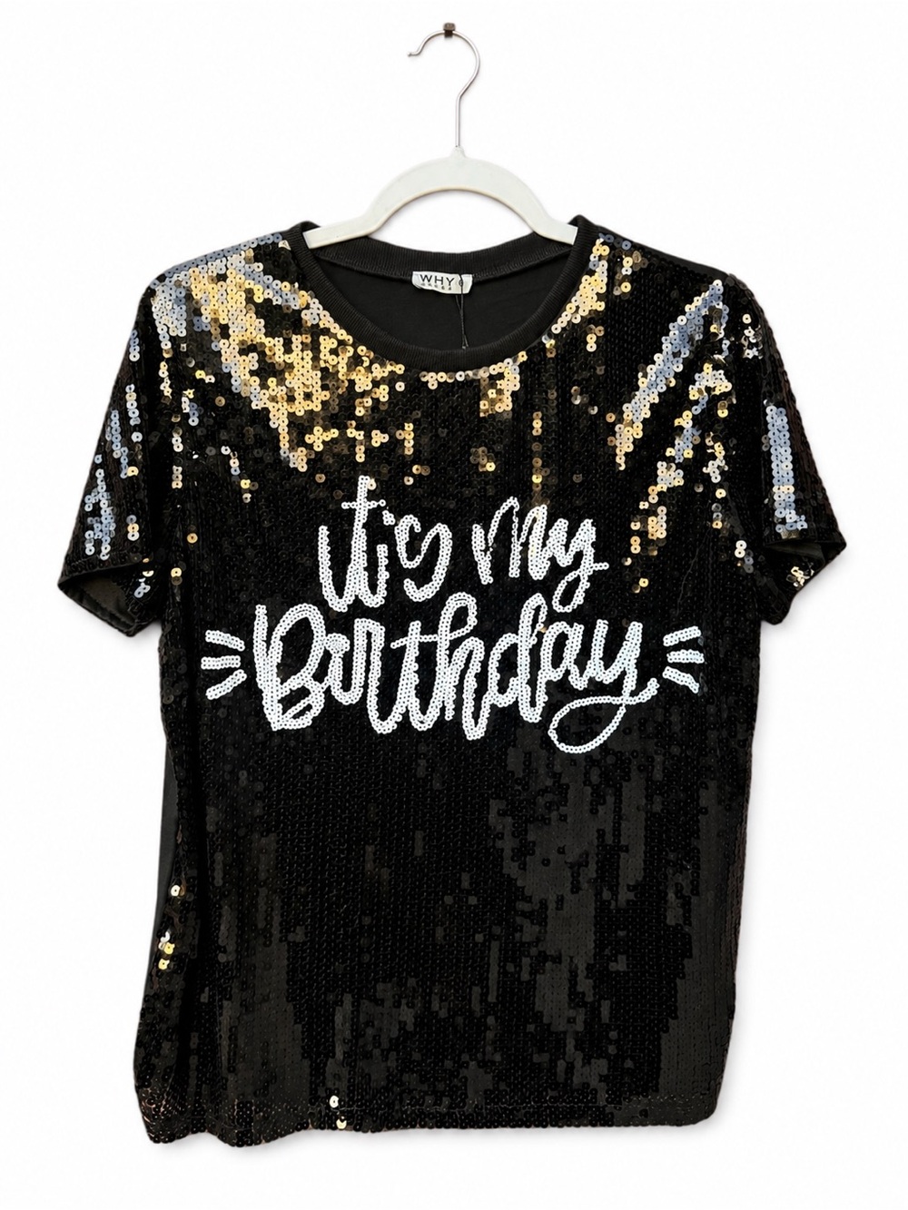 It’s My Birthday Sequin Top Shirt NEW Why Dress Short Sleeve Black M